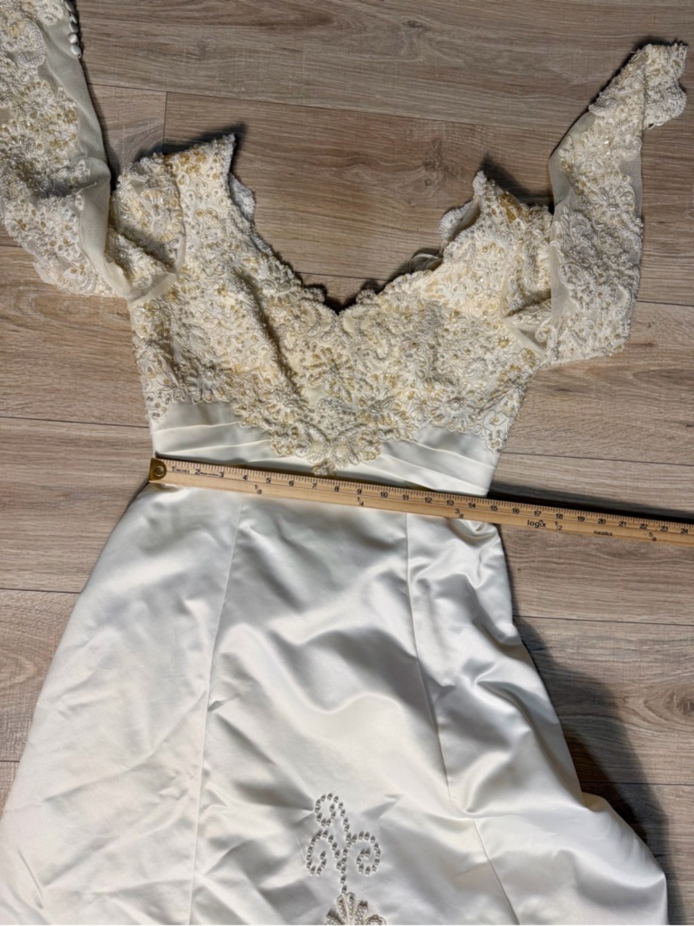 Ivory Off-Shoulder Wedding Dress with Gold Embroidery + Veil & Bouquet - Picture 14 of 16